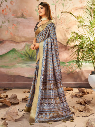Enchanting Brown Printed Dola Silk Traditional Saree With Blouse